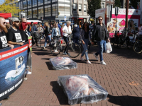 Activisten liggen in grote vleesschalen op het Achterom Dordrecht