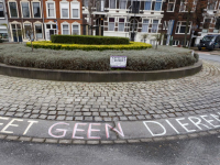 Op straat geschreven protest tegen het eten van vlees Rotonde Spuiweg Dordrecht