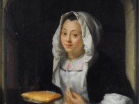 Schalcken Jonge vrouw die een wafel aanbiedt